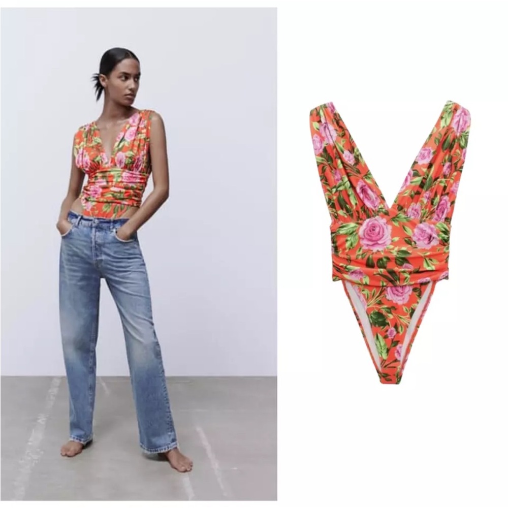 Zara NWT Orange Floral Stretch Deep V Neck Sleeveless Draped Bodysuit Medium